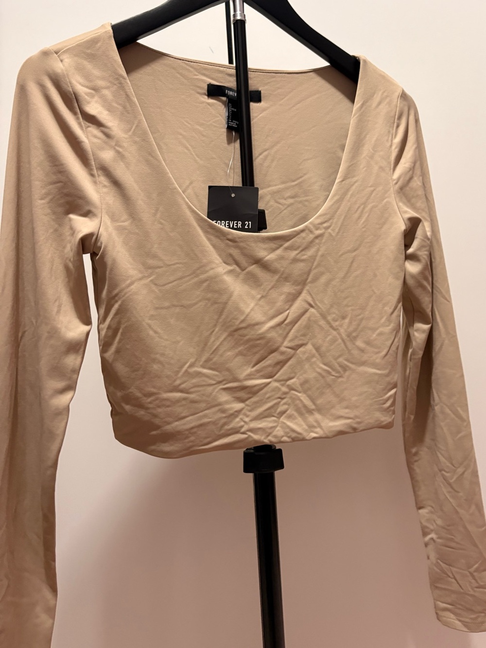 Forever 21 Neutral Beige Long-Sleeve Scoop Crop Top